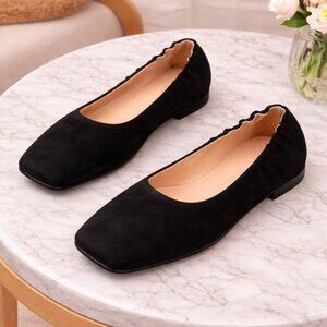 J.Crew Anya Ballet Flats Black Suede Square Toe Scrunch Size 6